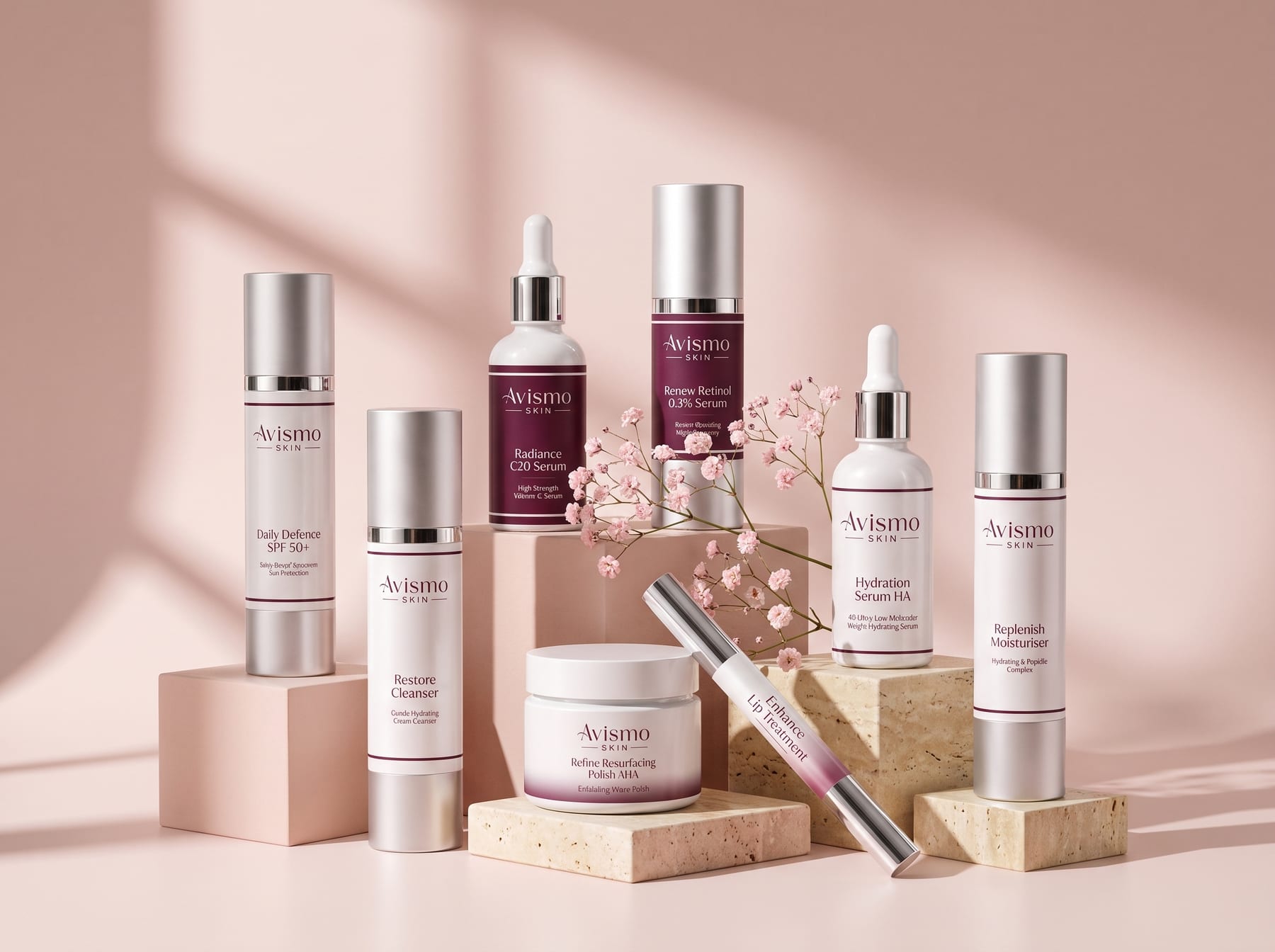 The full Avismo Skin range on blush pink stone plinths: cleanser, polish, serums, moisturiser, SPF50+ and Enhance Lip Treatment