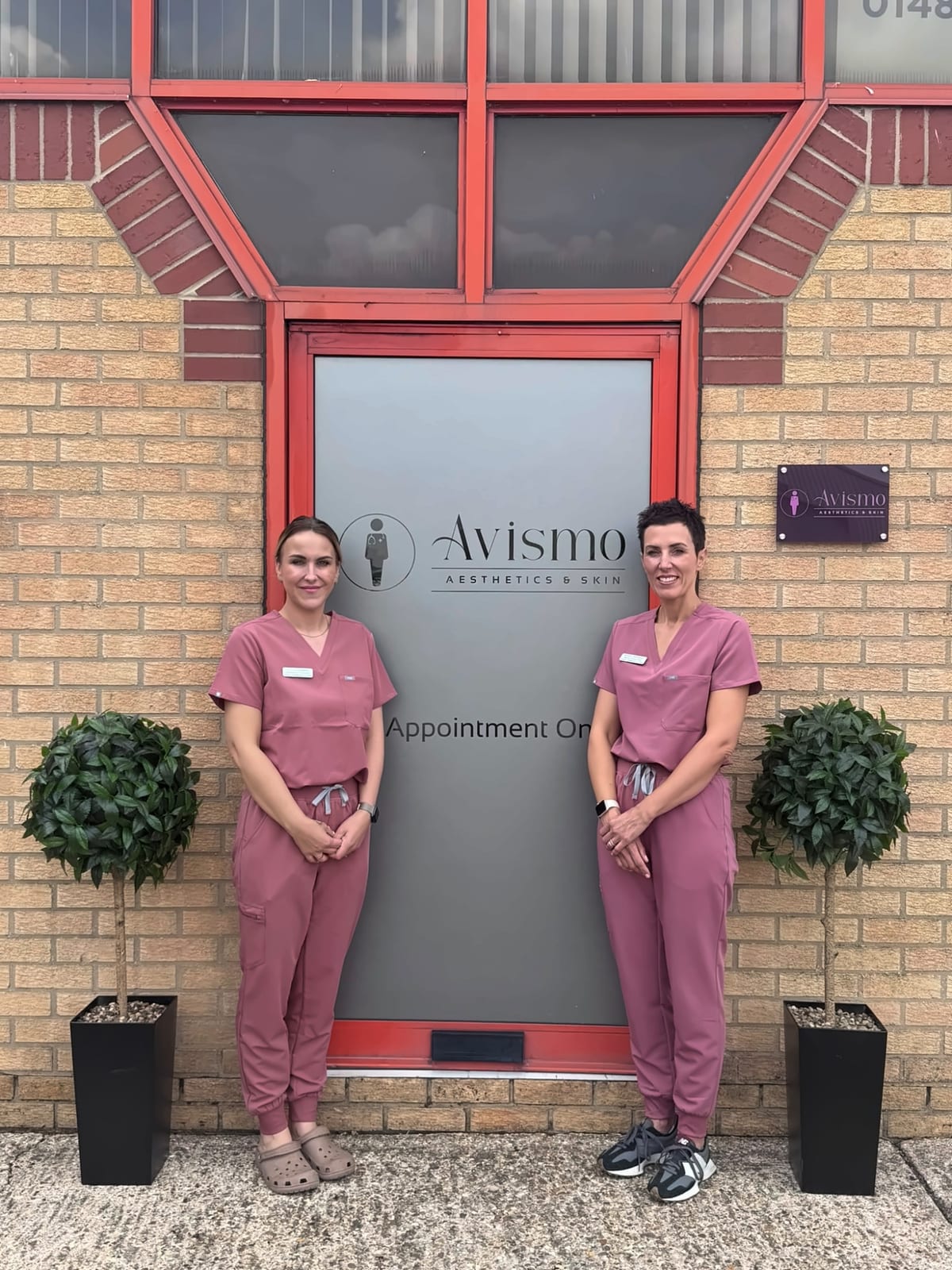 Karen and Lorna at the front door of Avismo Aesthetics and Skin, 28 Edison Road, St Ives