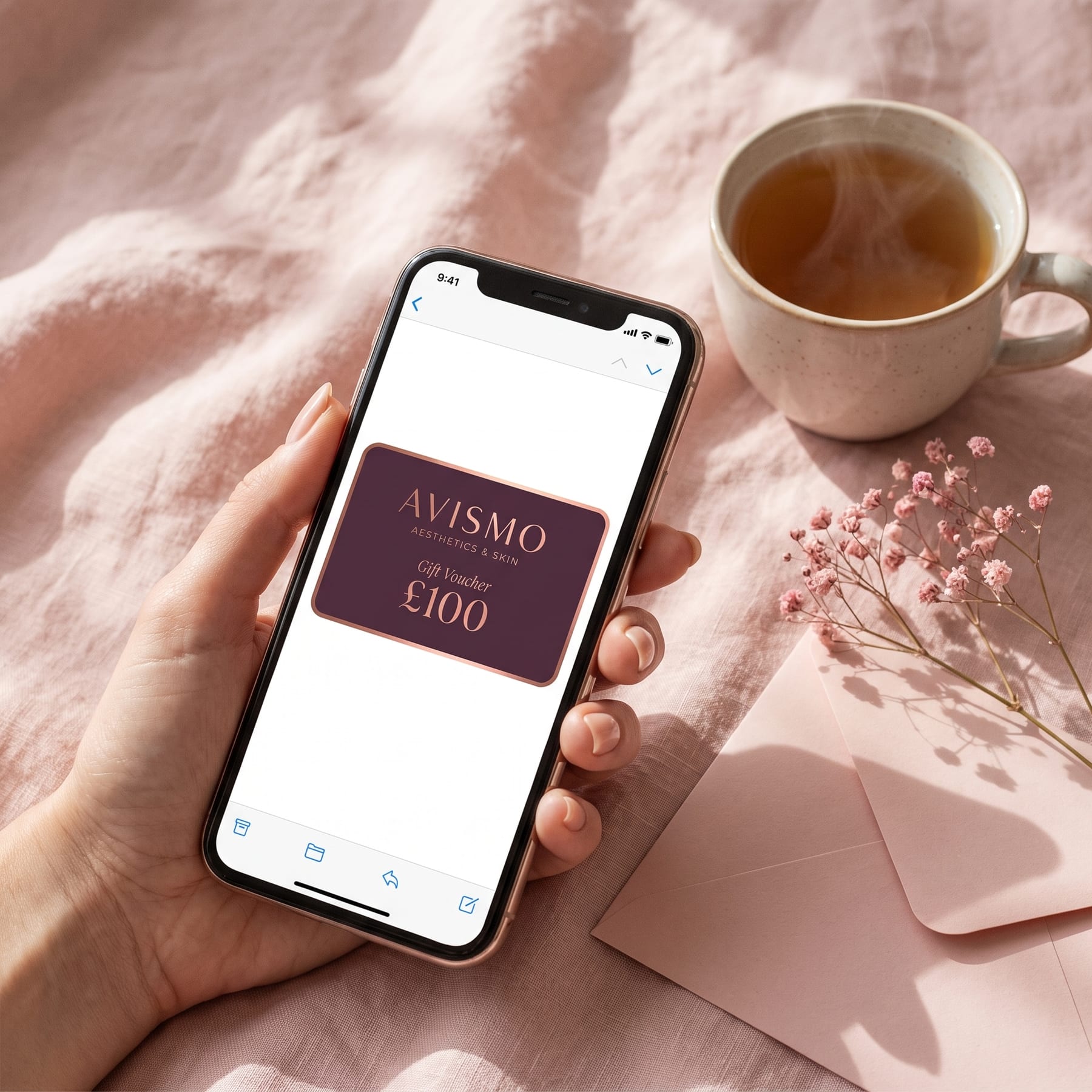 An Avismo e-gift card shown on a phone