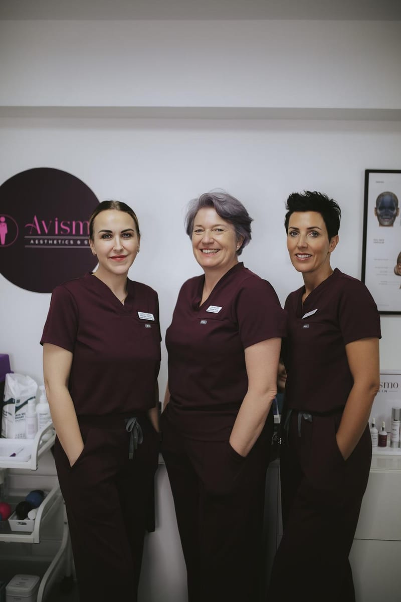Lorna, Andrea and Karen, the Avismo Aesthetics and Skin team, inside the clinic in St Ives